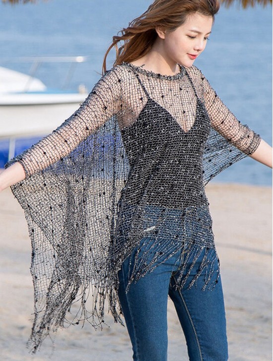 Crochet Knit Sleeved Top with Fringe